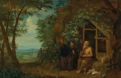 Отшельники Павел и Антоний в пейзаже, кормимые вороном by Бальтазар Бешей, 1767 — digital art print download