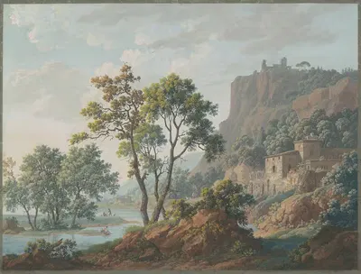 River Landscape with Castles and Fishermen by Baron Louis-Albert-Guillain Bacler d'Albe, 1817 — digital art print download
