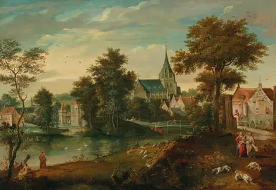 A river landscape with two patriarchs near a town by Cornelis Molenaer — digital art print download