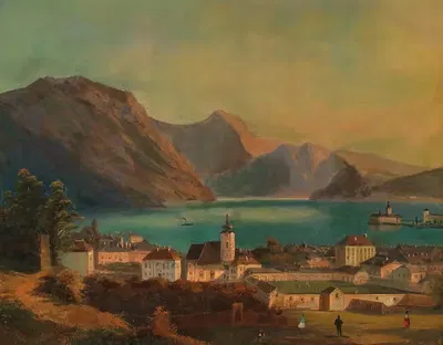 A View of Gmunden, in the Background Schloss Orth by Ferdinand Lepie, 1864 — digital art print download