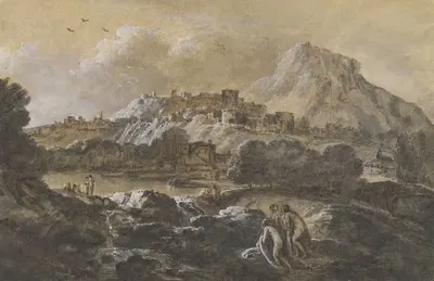 Гористый речной пейзаж с купальщиками by Франческо Цуккарелли, 1752-1770 — digital art print download