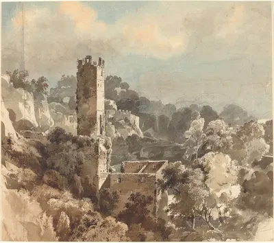 Ruins of a Fortified Tower among Wooded Hills II by Friedrich Salathé, 1816-1821 — digital art print download