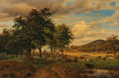 Пейзаж пастбища с коровами, на заднем плане деревня by Георг Генрих Крола, 1843 — digital art print download