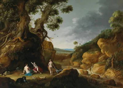 Diana and her nymphs in a rocky wooded river landscape by Gillis Claesz. de Hondecoeter, 1637 — digital art print download