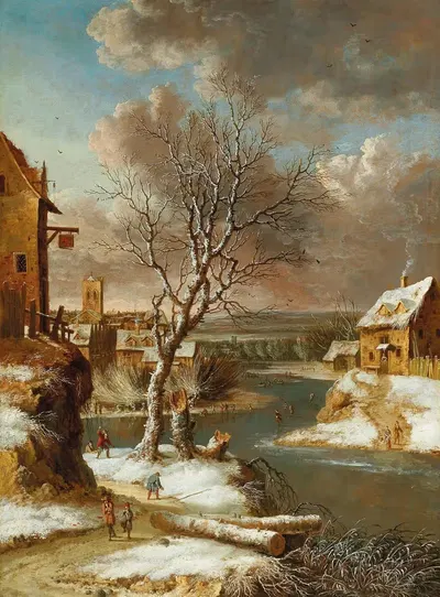 Зимний пейзаж с конькобежцами на замерзшей реке by Ян Абрахамсз Беерстраатен — digital art print download