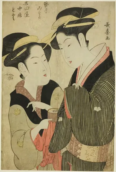 Moto, a Waitress of the Yoshidaya, and the Geisha Mizue by Eishōsai Chōki, c. 1794 — digital art print download