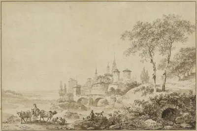 Shepherds in a Landscape before a Fortified Town by Жан-Батист Лё Пренс, 1777 — digital art print download