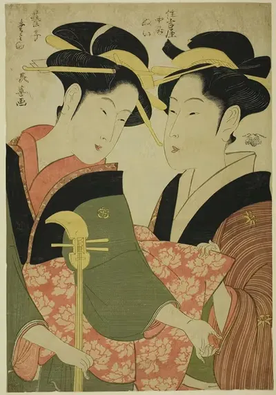 The Entertainer Tamino and the Serving Girl Nui of the Sumiyoshiya by Eishōsai Chōki, 1792 — digital art print download