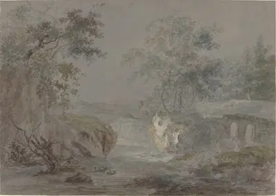 Лесистые скалы вдоль береговой линии реки by Иоганн Каспар Хубер, 1796 — digital art print download