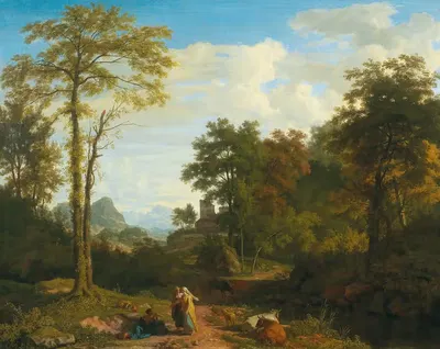 Южный пейзаж с путешественниками перед укрепленным городом by Иоганнес Глаубер — digital art print download