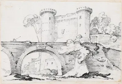 A Stone Bridge and the Fortified Entrance to a Town by Жозеф-Мари Вьен, 1744-1750 — digital art print download