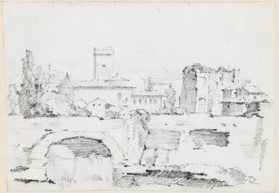 An Italian Town with a Stone Bridge and a Waterfall by Жозеф-Мари Вьен, 1744-1750 — digital art print download