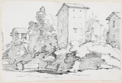 Italian Farm Buildings by a Stream by Жозеф-Мари Вьен, 1744-1750 — digital art print download