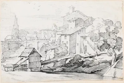 The Ponte Sant'Angelo and Houses on the East Bank of the Tiber by Жозеф-Мари Вьен, 1744-1750 — digital art print download