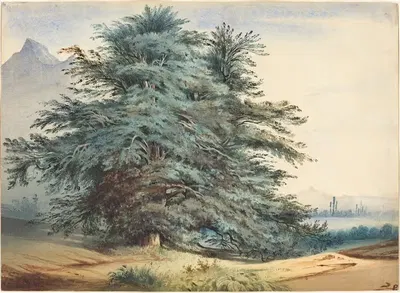 Two Ancient Trees before a Mountain Peak by Jules Dupré, c. 1830 — digital art print download