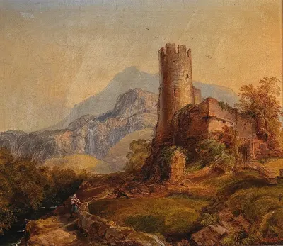 Гористый пейзаж с руинами замка и фигурами by Юлий Теодор Грус, 1847 — digital art print download