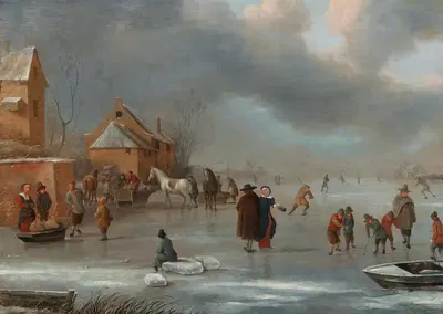 Зимний пейзаж с конькобежцами на льду by Николас Моленер — digital art print download