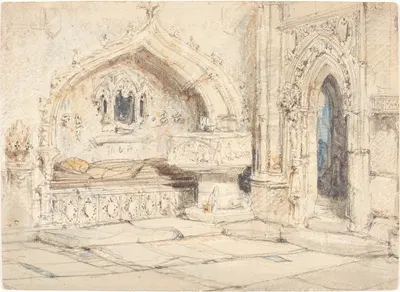 Interior of a Church with a Wall Tomb and Medieval Font by Луи Хаге — digital art print download
