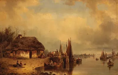 Рыбаки за работой на причале by Людвиг Херманн, 1853 — digital art print download