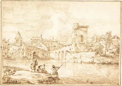 A Fortified Village along a River by Марко Риччи, 1727-1729 — digital art print download