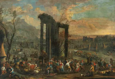 An Italianate landscape with a market scene by Peeter van Bredael — digital art print download