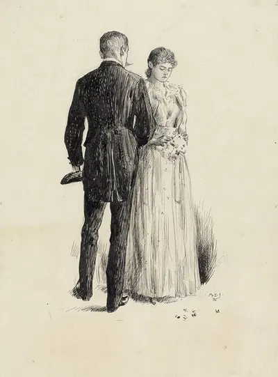 Man, with back to viewer, facing young woman plucking at bouquet by Albert Sterner, 1896 — digital art print download
