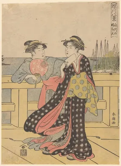 Young Women Enjoying the Fresh Air of the Evening on the Bridge by Katsukawa Shunchō, 1783 — digital art print download