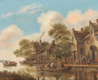 River landscape with ferry boats and a tavern by Thomas Heeremans — digital art print download