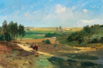 Огромный пейзаж, на заднем плане деревня by Владимир Донатович Орловский, 1879 — digital art print download