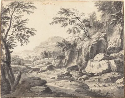 Classical Landscape with a Waterfall by Вильгельм фон Беммель, c. 1660 — digital art print download