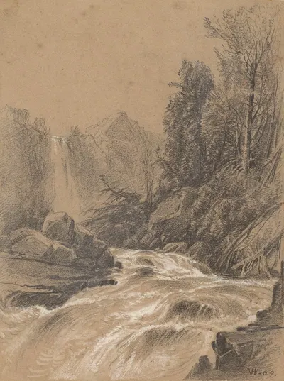 Mountain Landscape, Stream and Waterfall by Уильям Харт, 1860 — digital art print download