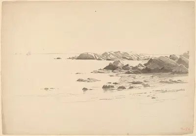 Rocklined Beach with Distant Boats by William Stanley Haseltine — digital art print download