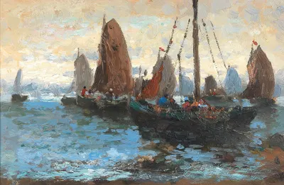 Морской пейзаж с множеством парусников by Адольф Кауфман — digital art print download