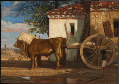 Oxen before a Farmhouse at Le Verrier by Александр-Габриэль Декамп, c. 1853 — digital art print download