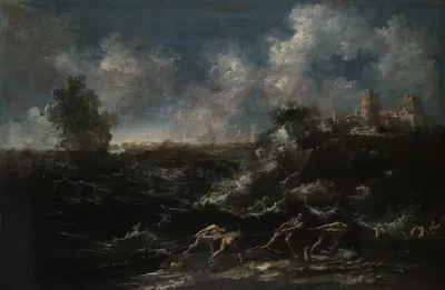 Seascape with Fisherman Pulling out Nets by Antonio Francesco Peruzzini — digital art print download
