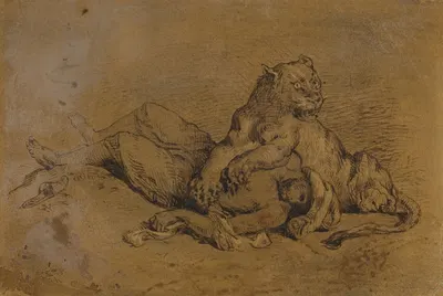 Lionne déchirant la poitrine d’un Arabe, after Delacroix by Антуан-Луи Барье — digital art print download