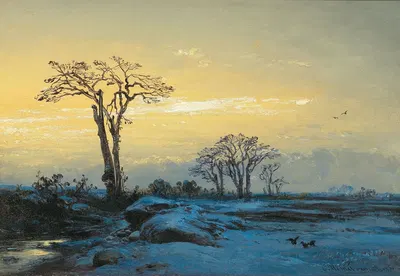 Воробьи в открытом зимнем пейзаже by Эдуард Хильдебрандт, 1851 — digital art print download
