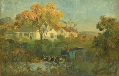 The Drinking Pool (man in cart with oxen at pool) by Edward Mitchell Bannister, 1895 — digital art print download
