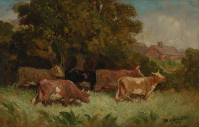 Untitled (five cows in pasture, rooftop in background) by Edward Mitchell Bannister, 1894 — digital art print download