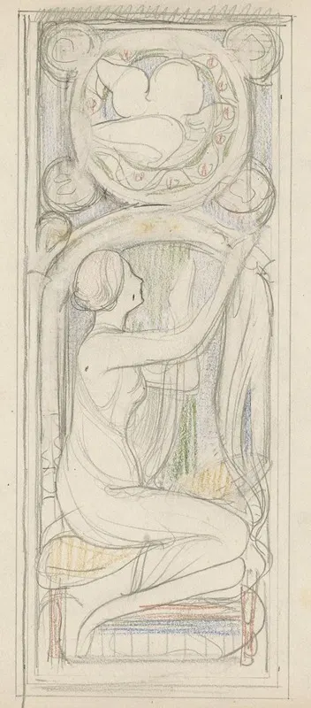 Ontwerp voor een venster met een zittende vrouw en putto in een omlijsting by Антон Деркиндерен, 1900 - 1903 — digital art…