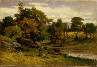Untitled (landscape, boat moored near stream, man walking in foreground) by Edward Mitchell Bannister, 1879 — digital art…