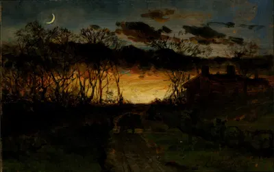 Untitled (sunset with quarter moon and farmhouse) by Edward Mitchell Bannister, 1883 — digital art print download
