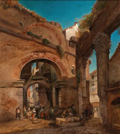 Rome, view at the Portico di Ottavia with the old fisher’s market by Friedrich Loos, 1888 — digital art print download