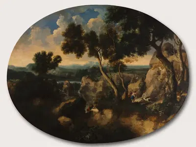 Rocky Landscape with Hunters by Gaspard Dughet, c. 1635 — digital art print download
