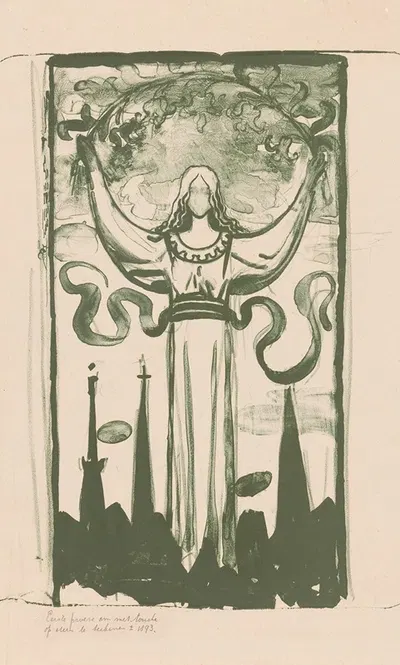 Vrouwenfiguur die een tak met bloemen boven haar hoofd houdt by Антон Деркиндерен, c. 1893 — digital art print download