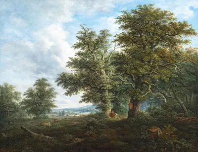 A hilly landscape with a traveller resting under a copse of oak trees by Johann Jacob Dorner, 1835 — digital art print…