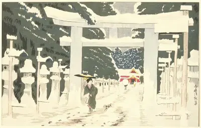 Снегопад у святилища Тōшōгū в Уэно by Кобаяси Киёчика, 1879 — digital art print download