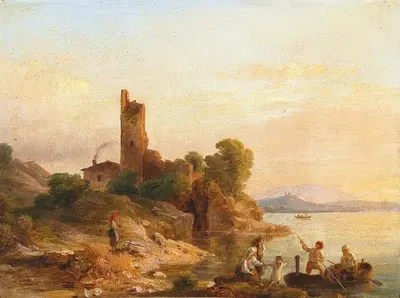 Итальянский пейзаж с рыбаками на озере by Карой Марко, 1859 — digital art print download