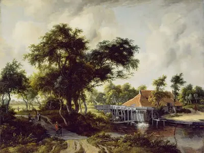 A Watermill by Meindert Hobbema, c. 1663 — digital art print download