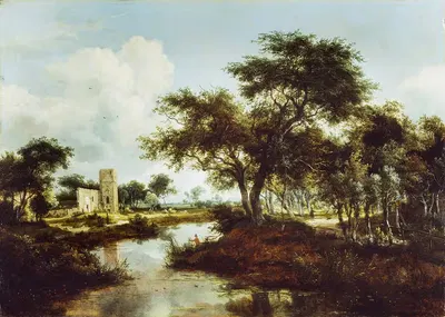 A Ruin on the Bank of a River by Meindert Hobbema, 1667 — digital art print download